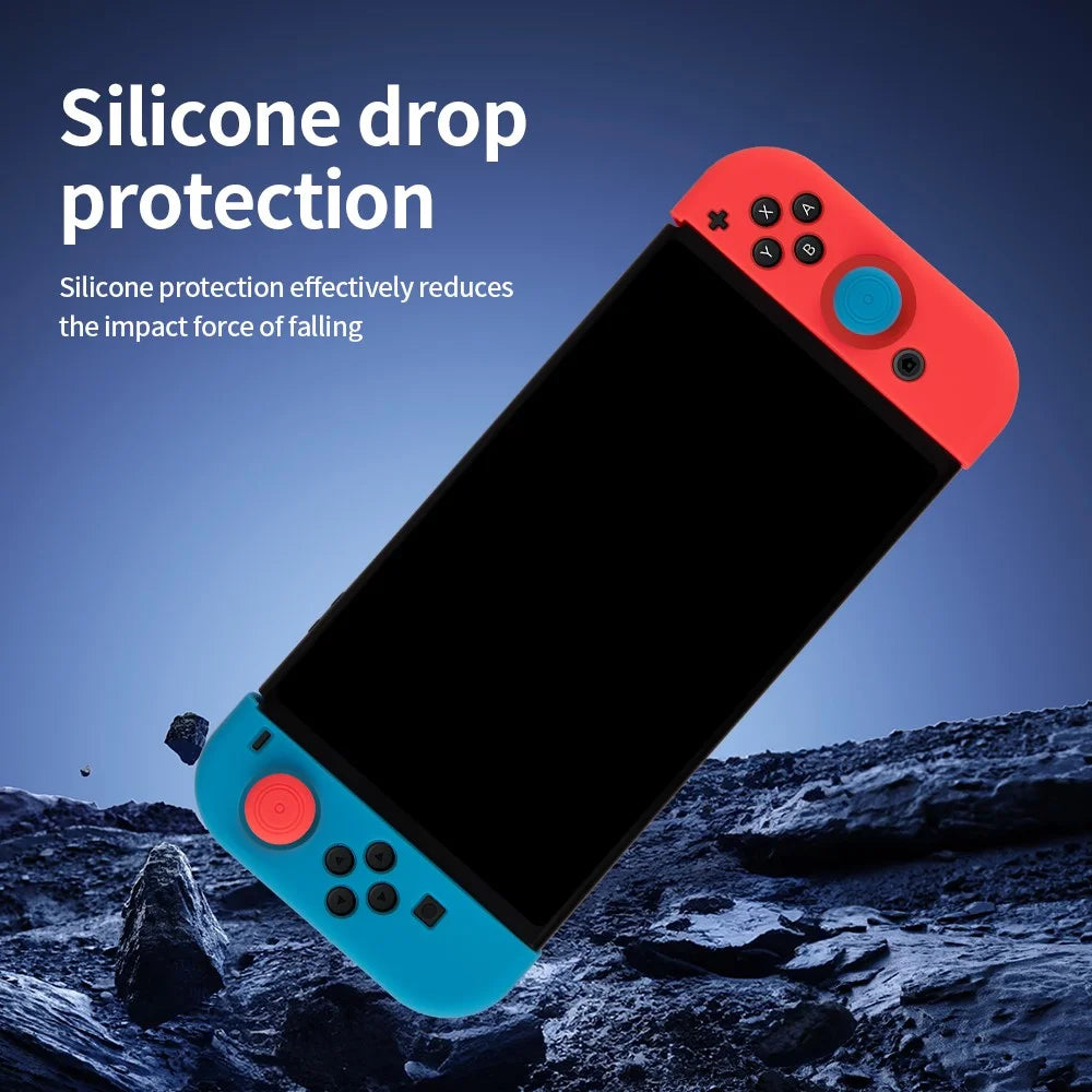 For Nintendo Switch Controller Silicone Case + Thumb Grip Caps Shock Absorbing Protective Cover - Blue - 3