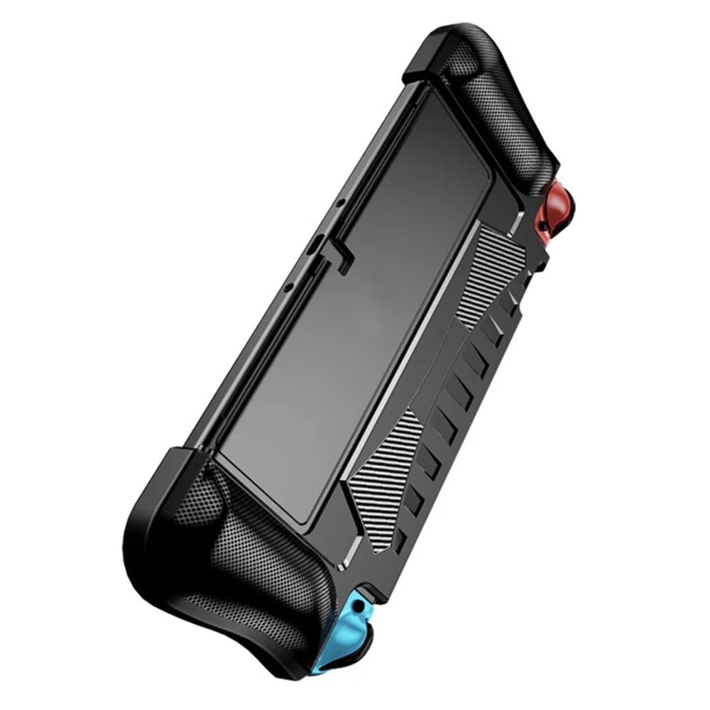 For Nintendo Switch OLED Game Console Case Carbon Fiber Texture Anti Drop Protective Cover with Stand - Black - 1