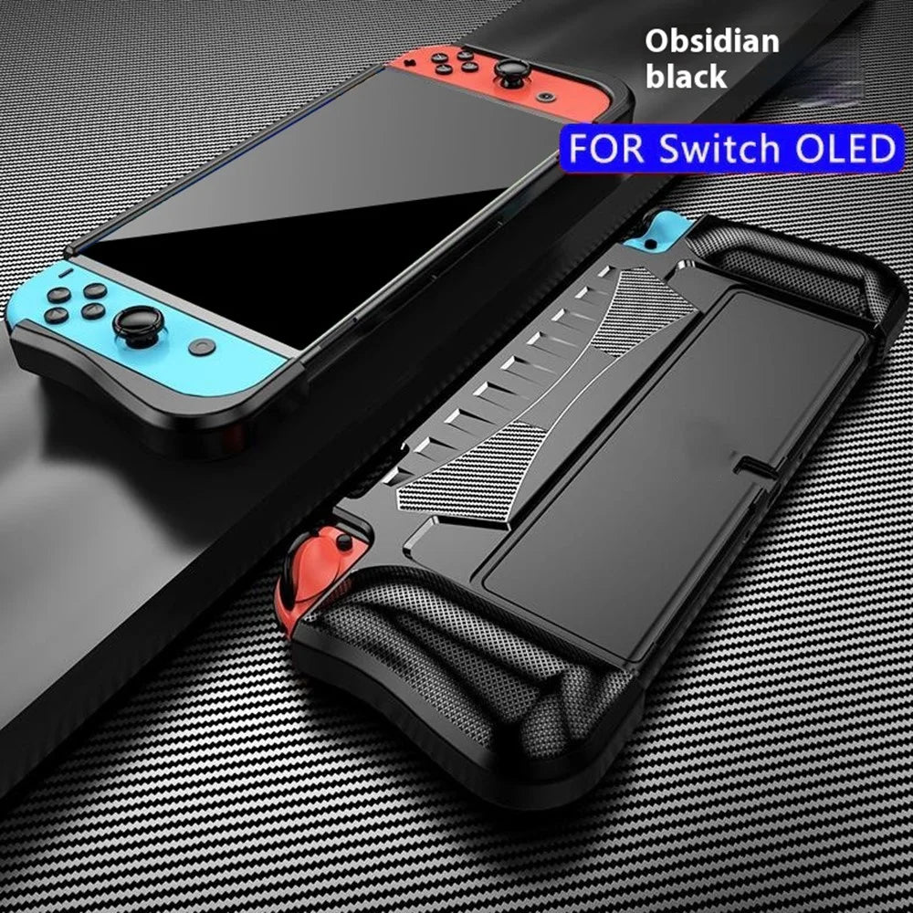 For Nintendo Switch OLED Game Console Case Carbon Fiber Texture Anti Drop Protective Cover with Stand - Black - 2