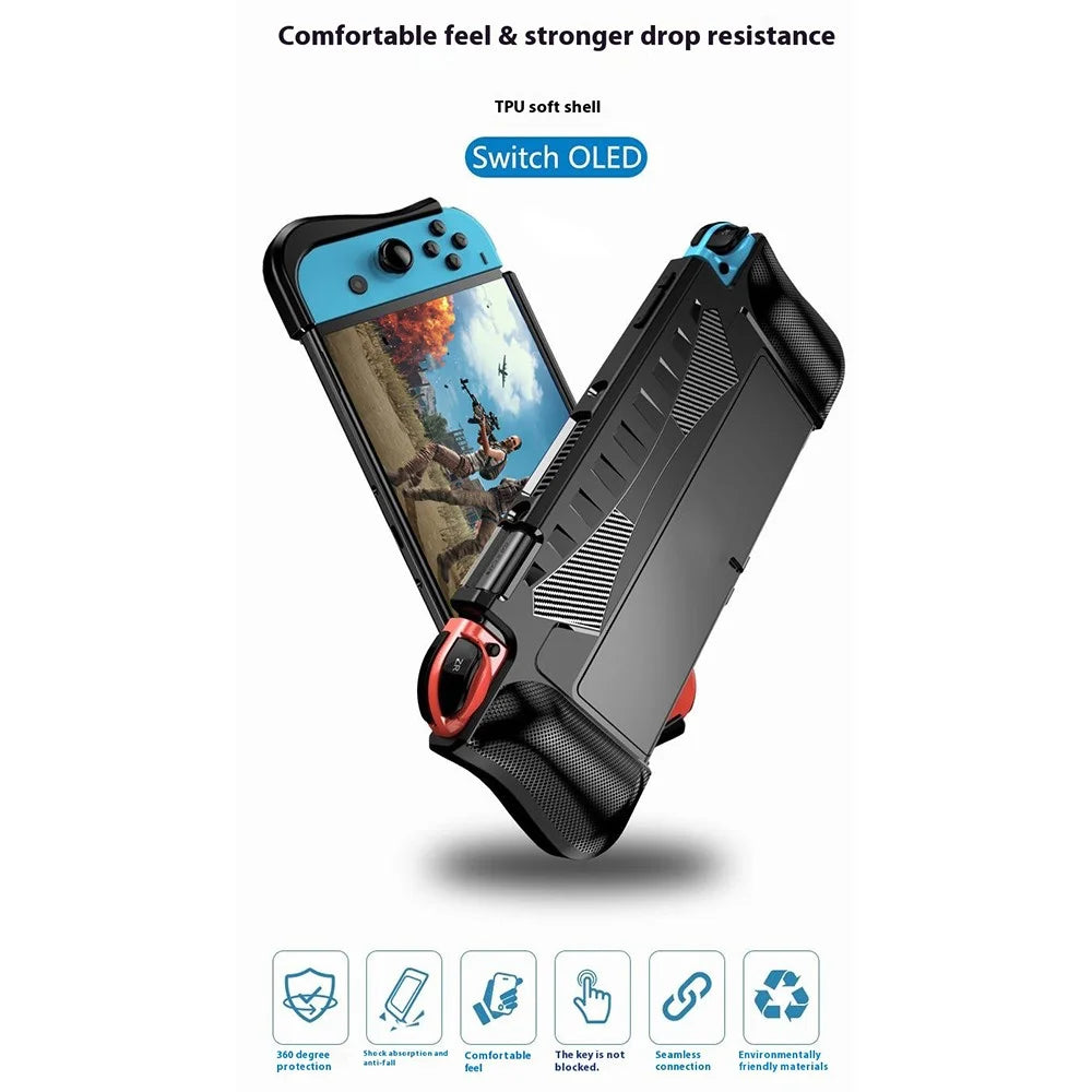 For Nintendo Switch OLED Game Console Case Carbon Fiber Texture Anti Drop Protective Cover with Stand - Black - 3