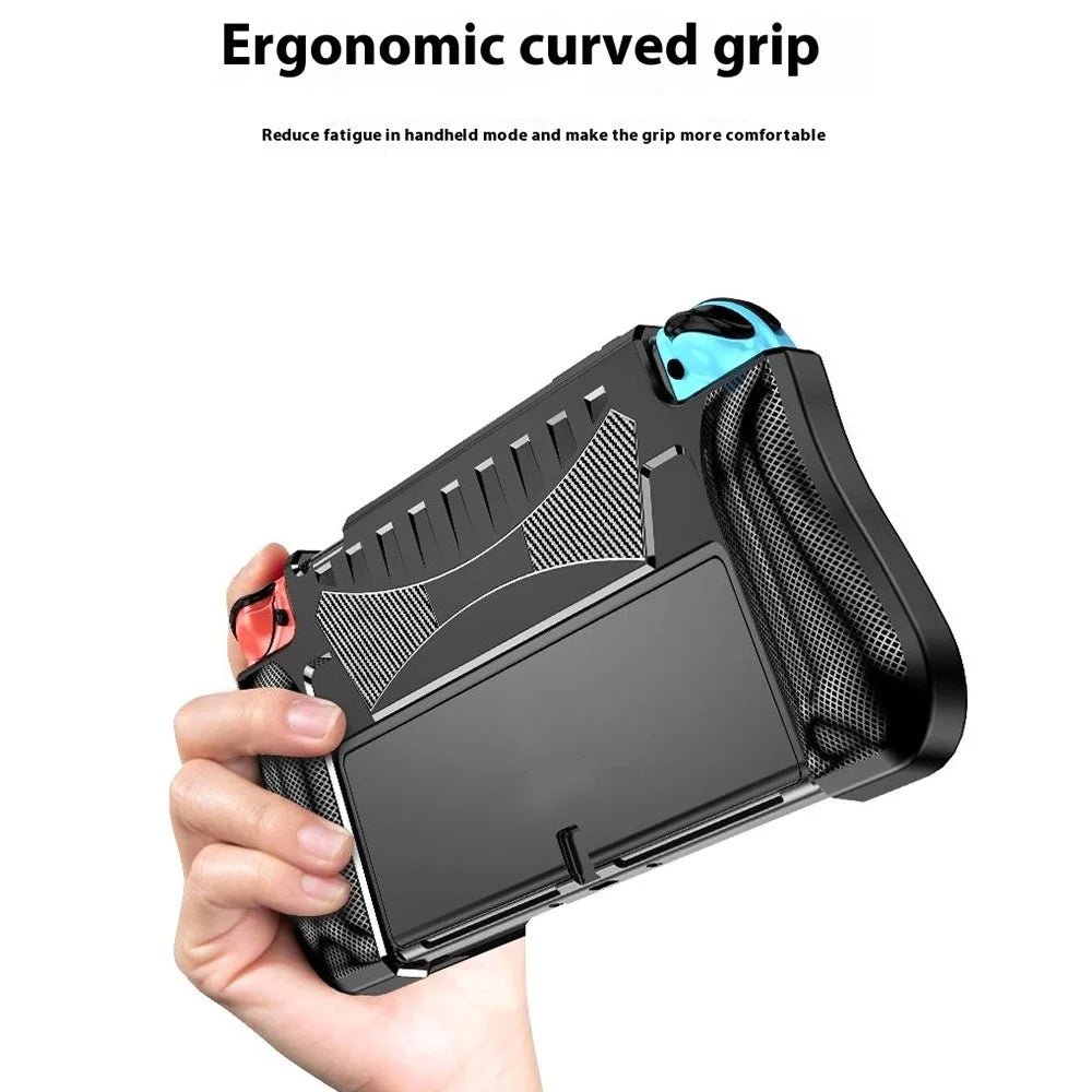 For Nintendo Switch OLED Game Console Case Carbon Fiber Texture Anti Drop Protective Cover with Stand - Black - 5