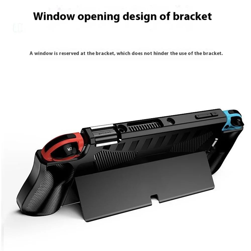 For Nintendo Switch OLED Game Console Case Carbon Fiber Texture Anti Drop Protective Cover with Stand - Black - 6