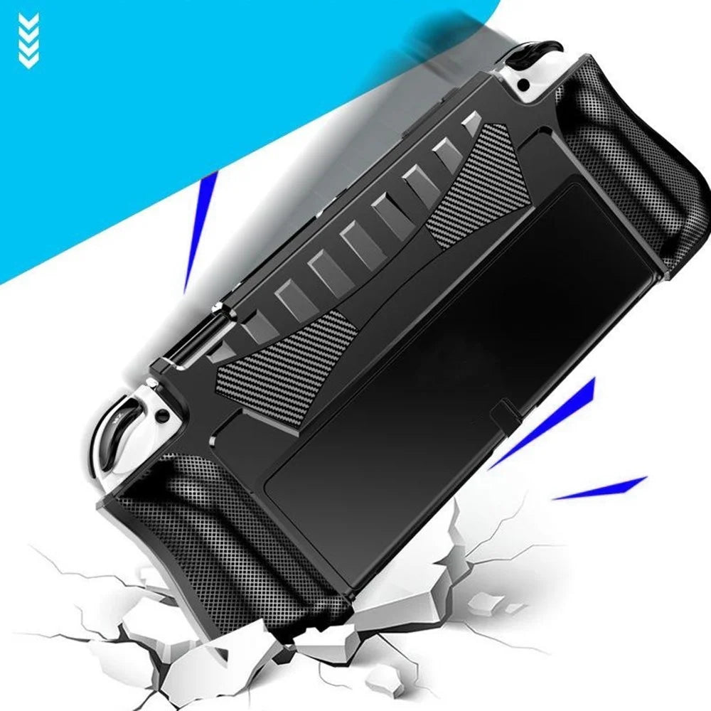 For Nintendo Switch OLED Game Console Case Carbon Fiber Texture Anti Drop Protective Cover with Stand - Black - 7
