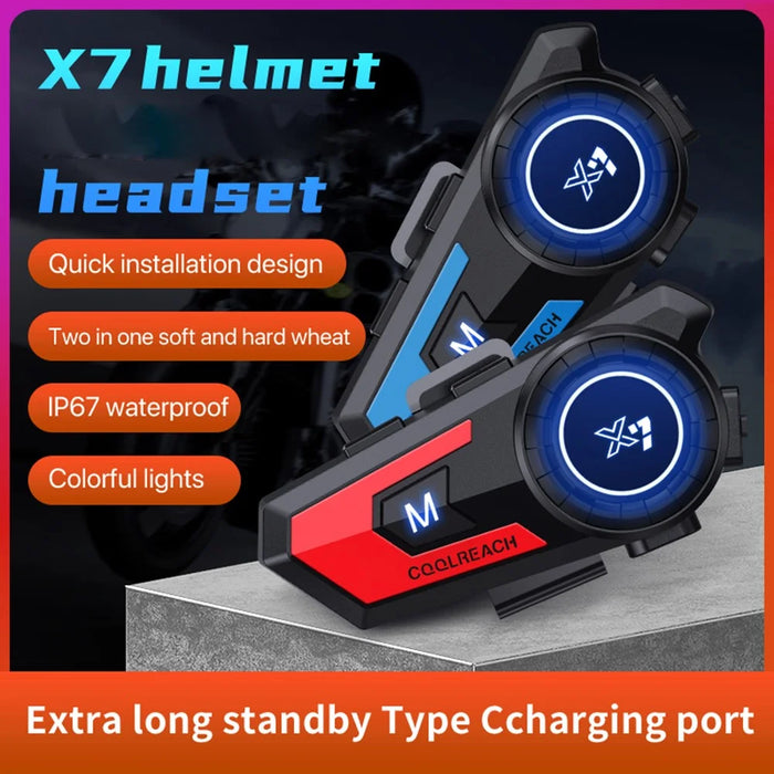 COOLREACH X7 Motorcycle Helmet Bluetooth-Compatible Headset Waterproof Wireless Earpiece with 2 in 1 Soft and Hard Mic - Red - 4