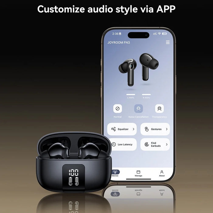 JOYROOM JR-FN3 Wireless Bluetooth-Compatible Earphones ANC Active Noise Cancelling Smart APP Control Headset - Black - 4
