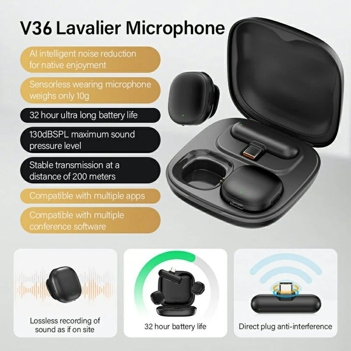 V36 For iPhone 15 / 16 / Android Mini AI Noise Cancelling Wireless Lavalier Microphone with USB-C Receiver - 6