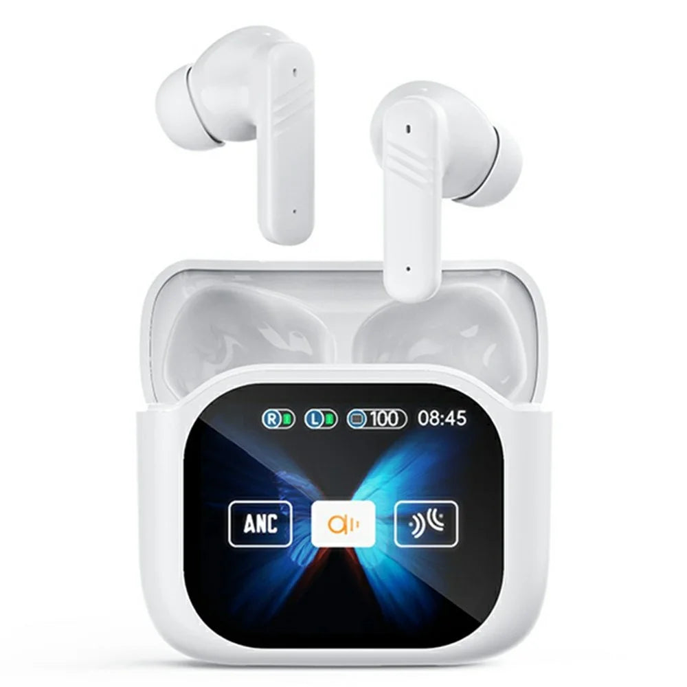 LX50 Bluetooth-Compatible Earphones In Ear ANC Noise Cancelling Headset with Touch Control Color Screen Charging Case - White - 1