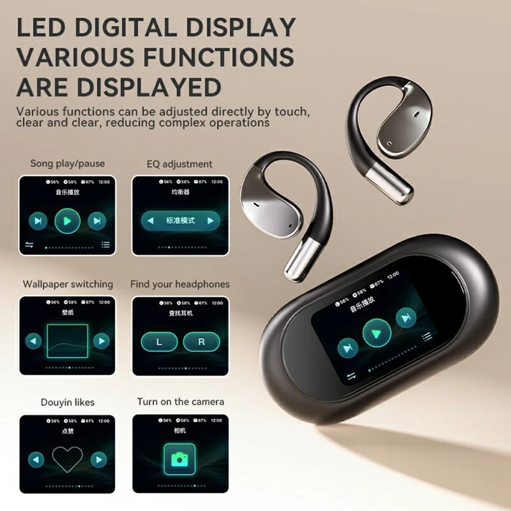 Q39 Pro Bluetooth-Compatible Earphones Support TF Card OWS Earhook Headsets with Color Screen Charging Case - Black - 3