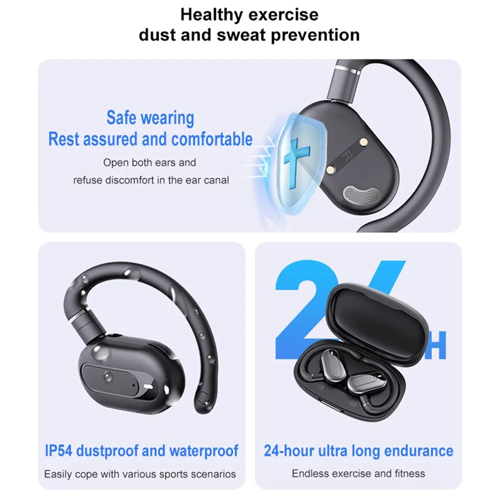 Open Ear Wireless Earbuds Bluetooth-Compatible 5.4 Headphones for Outdoor Running Sports Stereo - Black - 6