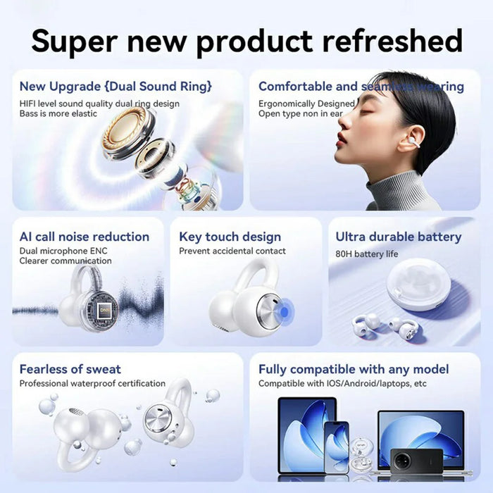 DL3 Ear Clip Wireless Bluetooth-compatible Earphones HiFi Sound Noise Reduction Earbuds - White - 3