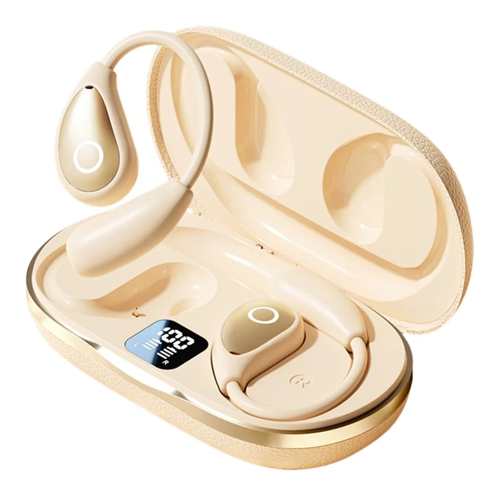 Open Ear Wireless Earbuds Noise Reduction Bluetooth-compatible Headphones with Leather Coated Charging Case - Nude - 1