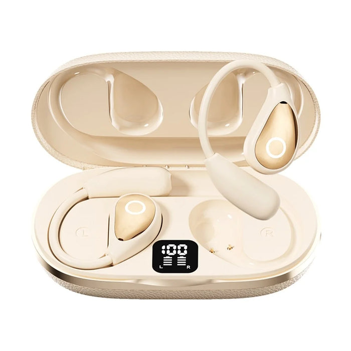 Open Ear Wireless Earbuds Noise Reduction Bluetooth-compatible Headphones with Leather Coated Charging Case - Nude - 2