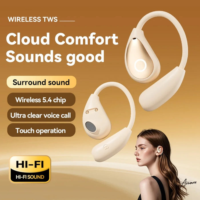 Open Ear Wireless Earbuds Noise Reduction Bluetooth-compatible Headphones with Leather Coated Charging Case - Nude - 5