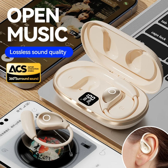 Open Ear Wireless Earbuds Noise Reduction Bluetooth-compatible Headphones with Leather Coated Charging Case - Nude - 6