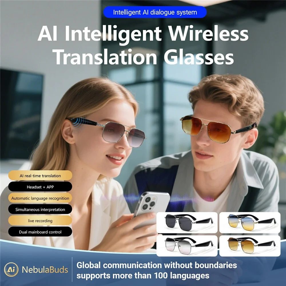 GY300 AI Translation Smart Glasses Bluetooth-compatible Wireless Headset Eyeglasses Anti UV Sports Sunglasses - Gold Frame+Tan Lens - 6