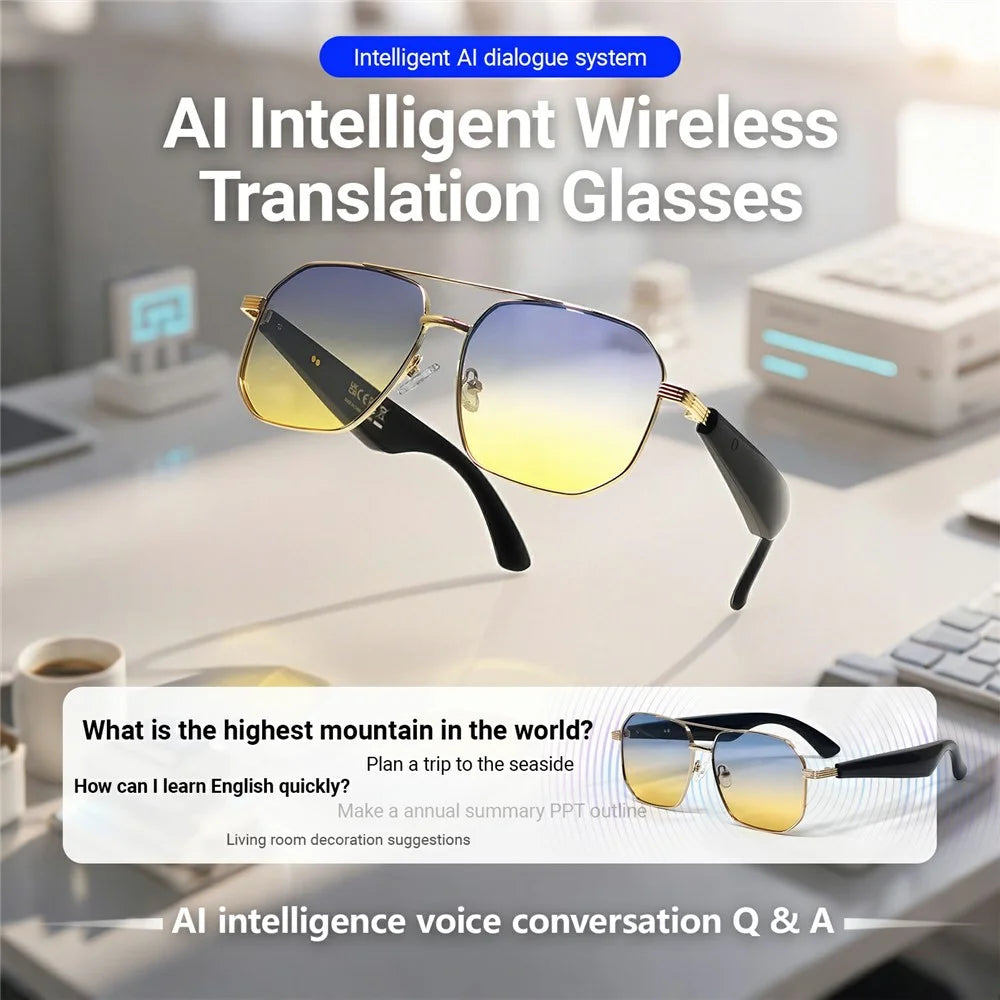 GY300 AI Translation Smart Glasses Bluetooth-compatible Wireless Headset Eyeglasses Anti UV Sports Sunglasses - Gold Frame+Tan Lens - 7