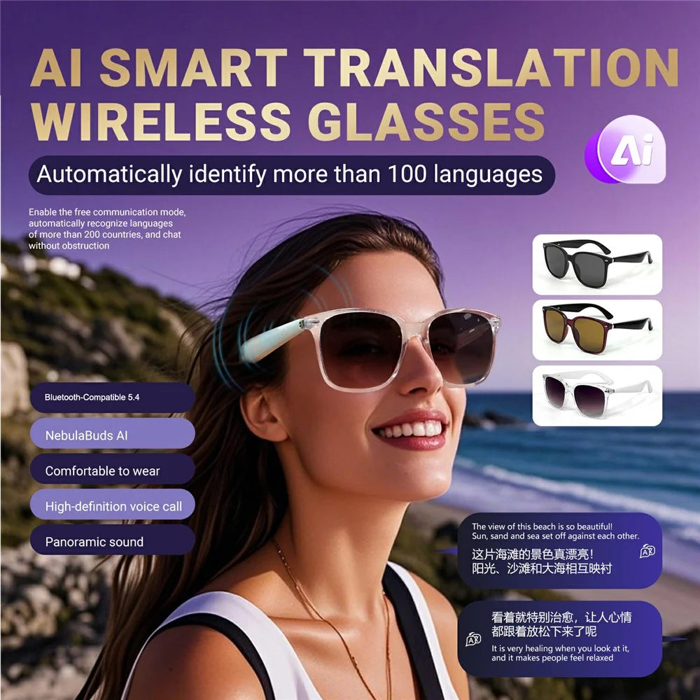 GY500 Touch Control AI Translation Smart Glasses Anti UV Sunglasses Bluetooth-compatible Headset Eyeglasses - Clear Frame+Gradient Purple Lens - 6