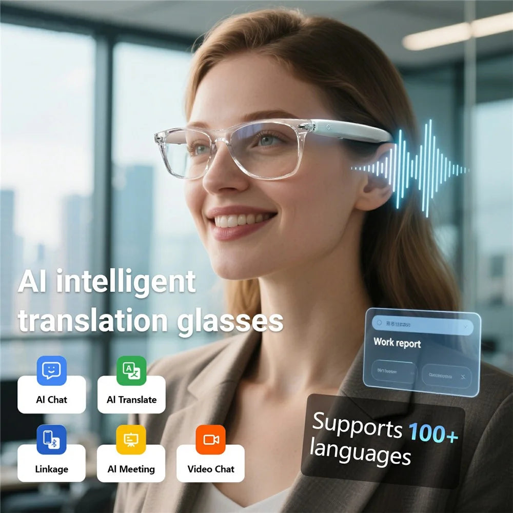 F16 AI Translation Bluetooth-compatible Earphone Glasses Touch Control Wireless Headset Smart Eyewear - Clear Frame / Anti Blue Light - 6