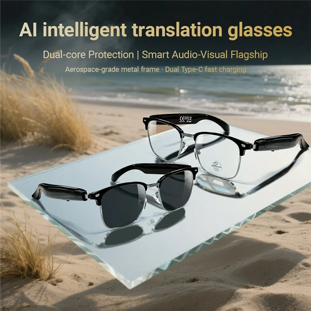 F20 AI Translation Wireless Headset Smart Eyewear Bluetooth-compatible Music Calls Intelligent Glasses - Silver Frame / Anti Blue Light - 7