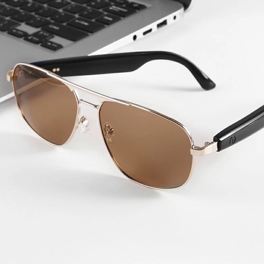 GS02 Polarized Lens Aviator Glasses AI Translation Smart Eyewear Bluetooth-compatible Music Eyeglasses - Gold+Tan - 3
