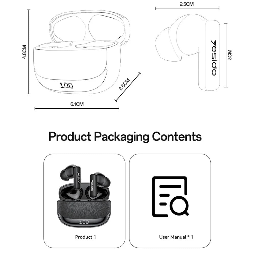 YESIDO TWS40 Bluetooth-Compatible Headphones ANC+ENC Noise Cancellation Wireless Earbuds NTC Temperature Control - 6