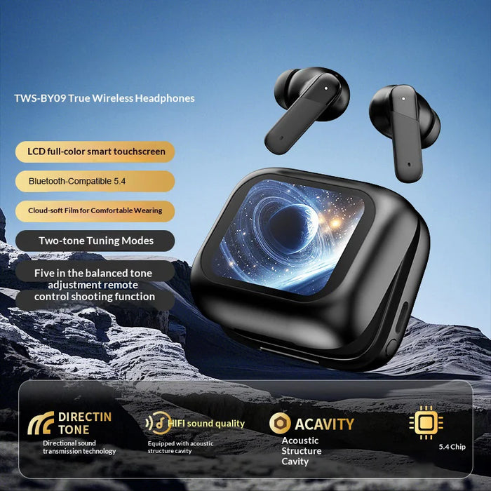 BY09 Wireless Earbuds with Full Color Touch Screen Charging Case HiFi Sound Bluetooth-compatible In-ear Earbuds - Black - 3