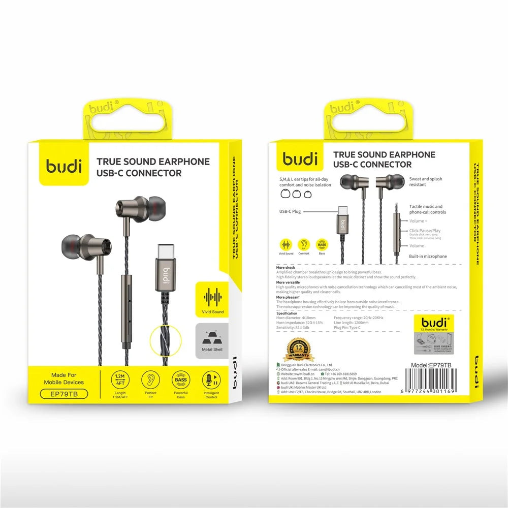 BUDI EP79TB In-Ear Earphones with USB-C Connector 1.2m Type-C Wired Earphones for Smartphones / Tablets / Laptops - 4