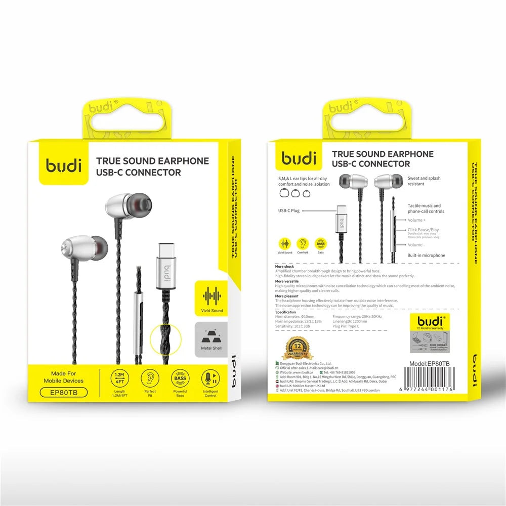 BUDI EP80TB 1.2m Type-C Wired Earphones Enhanced Bass In-Ear Earphones with USB-C Connector for Smartphones / Tablets / Laptops - 4