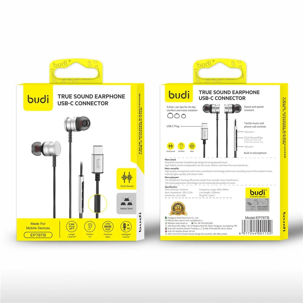 BUDI EP78TB 1.2m Type-C Wired Earphones 10mm Dynamic Driver Enhanced Bass In-Ear Earphones for Smartphones / Tablets / Laptops - 4