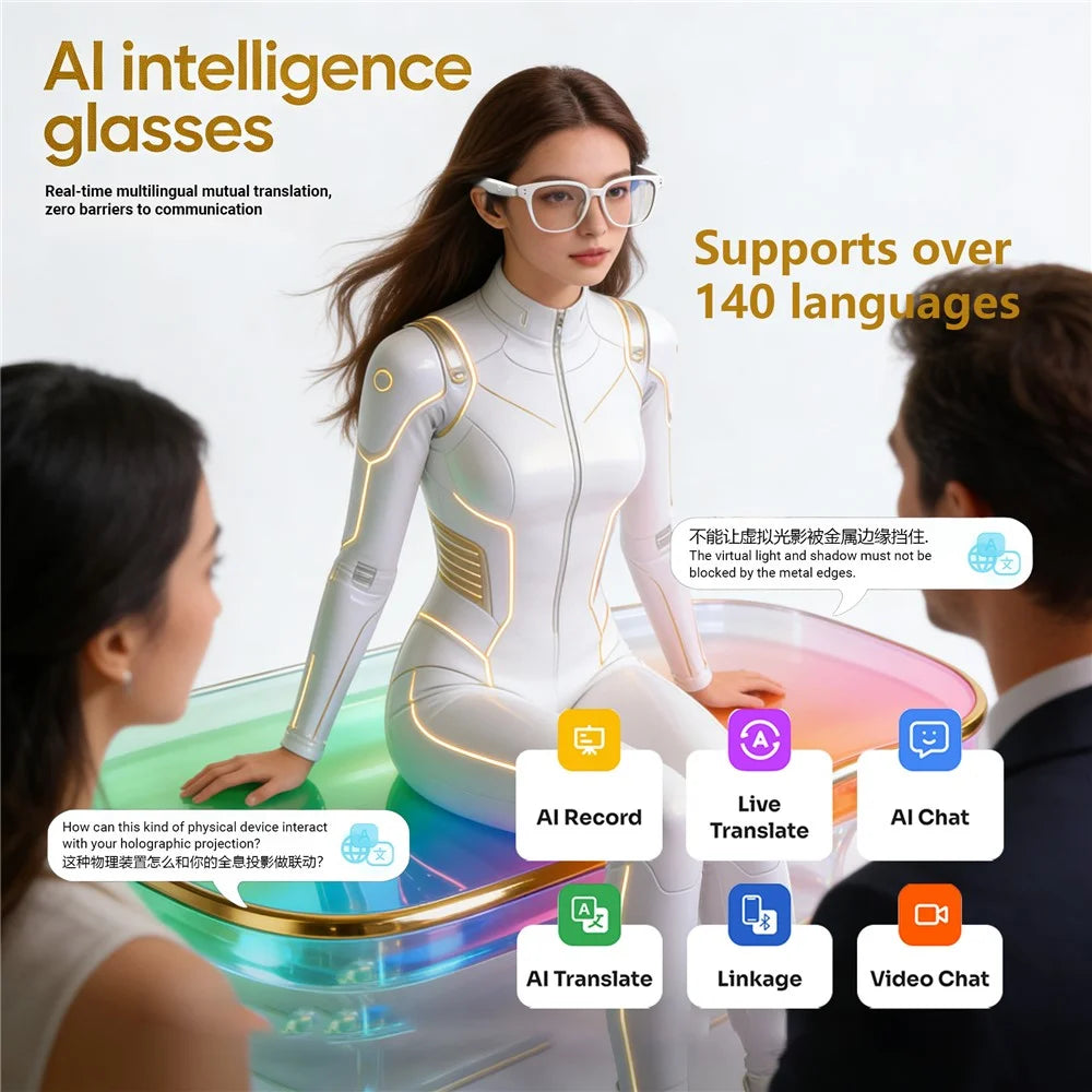 F66 AI Translation Bluetooth-compatible Glasses Touch Control Smart Eyewear for Music and Calls - White Frame / Anti Blue Light Lens - 3