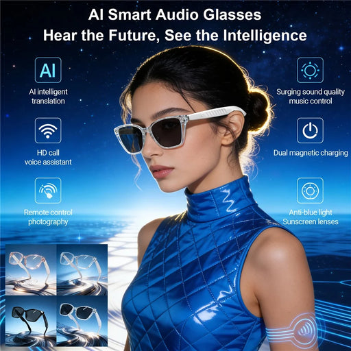 F67 AI Smart Audio Glasses Hands Free Calling Bluetooth-compatible Earphones Intelligent Translation Eyewear - Black Frame / Anti Blue Light Lens - 2