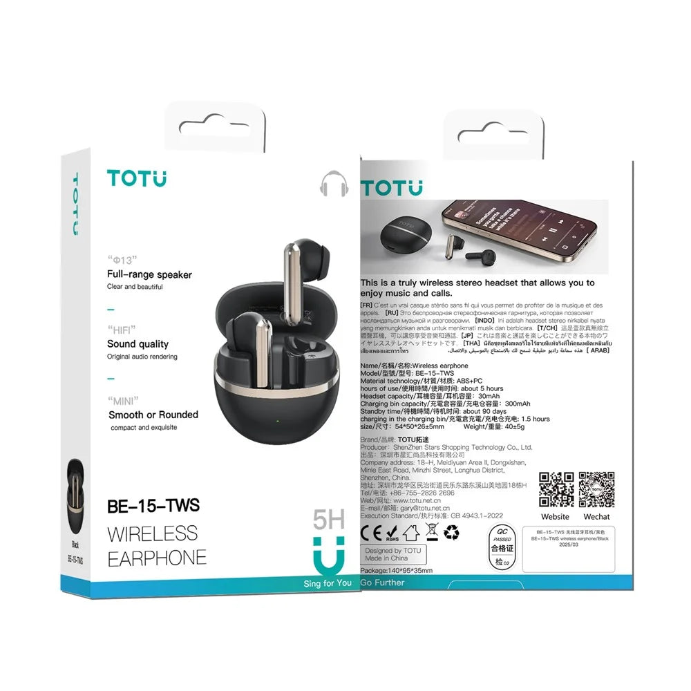 TOTU BE-15-TWS Bluetooth-Compatible TWS Earphones HiFi Sound IPX7 Waterproof Earbuds - Black - 5