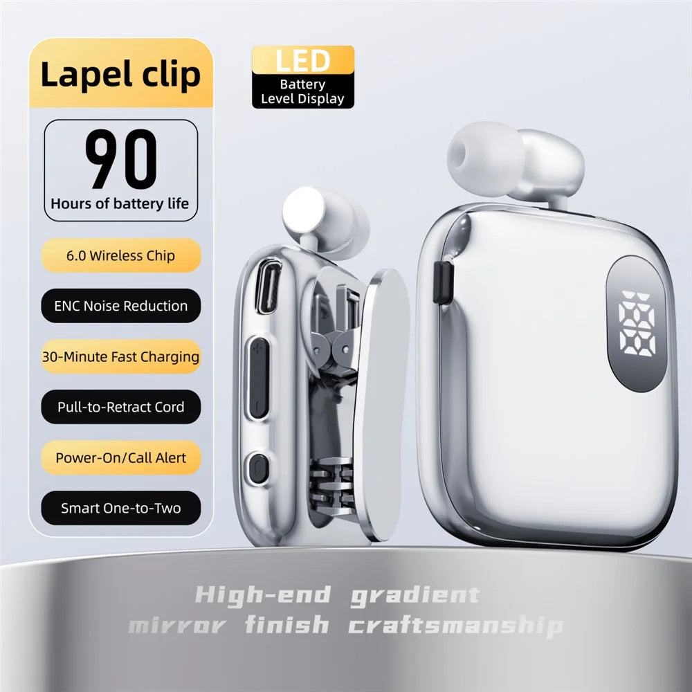 K91 Lapel Clip Bluetooth-compatible Earphone Dual Mic ENC Noise Cancelling Wireless Single Ear Earbud with Power Display - Silver - 2