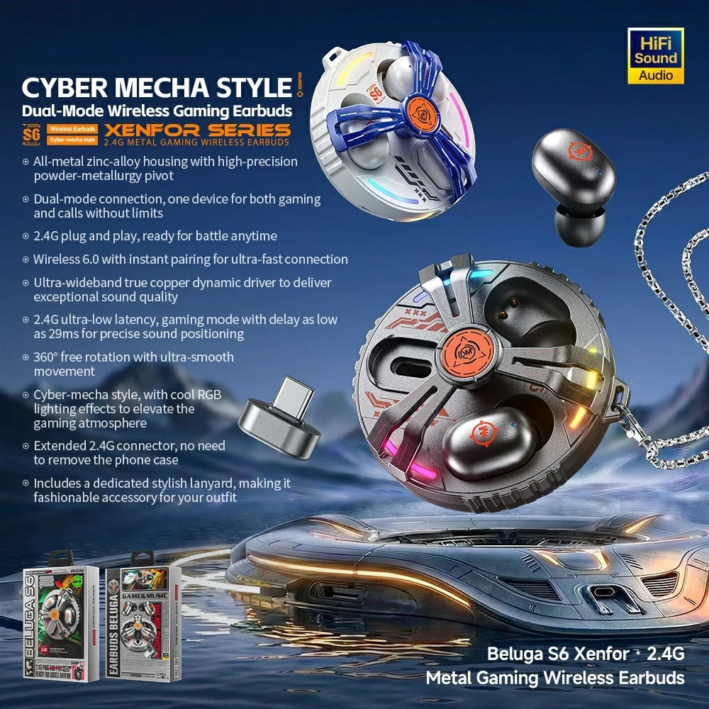 WEKOME Beluga S6 2.4G Gaming Earbuds Wireless Cyber Mecha Style Dual Mode Metal TWS Earphones with RGB - Tarnish - 3