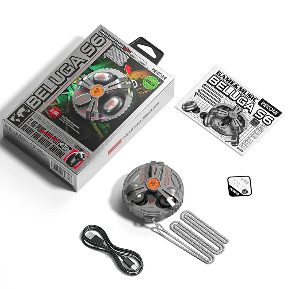 WEKOME Beluga S6 2.4G Gaming Earbuds Wireless Cyber Mecha Style Dual Mode Metal TWS Earphones with RGB - Tarnish - 4