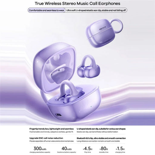 REMAX OWS-22 Open-Ear Clip On Bluetooth-compatible Earbuds Ergonomic Design Wireless Earphones for Sports - Purple - 2