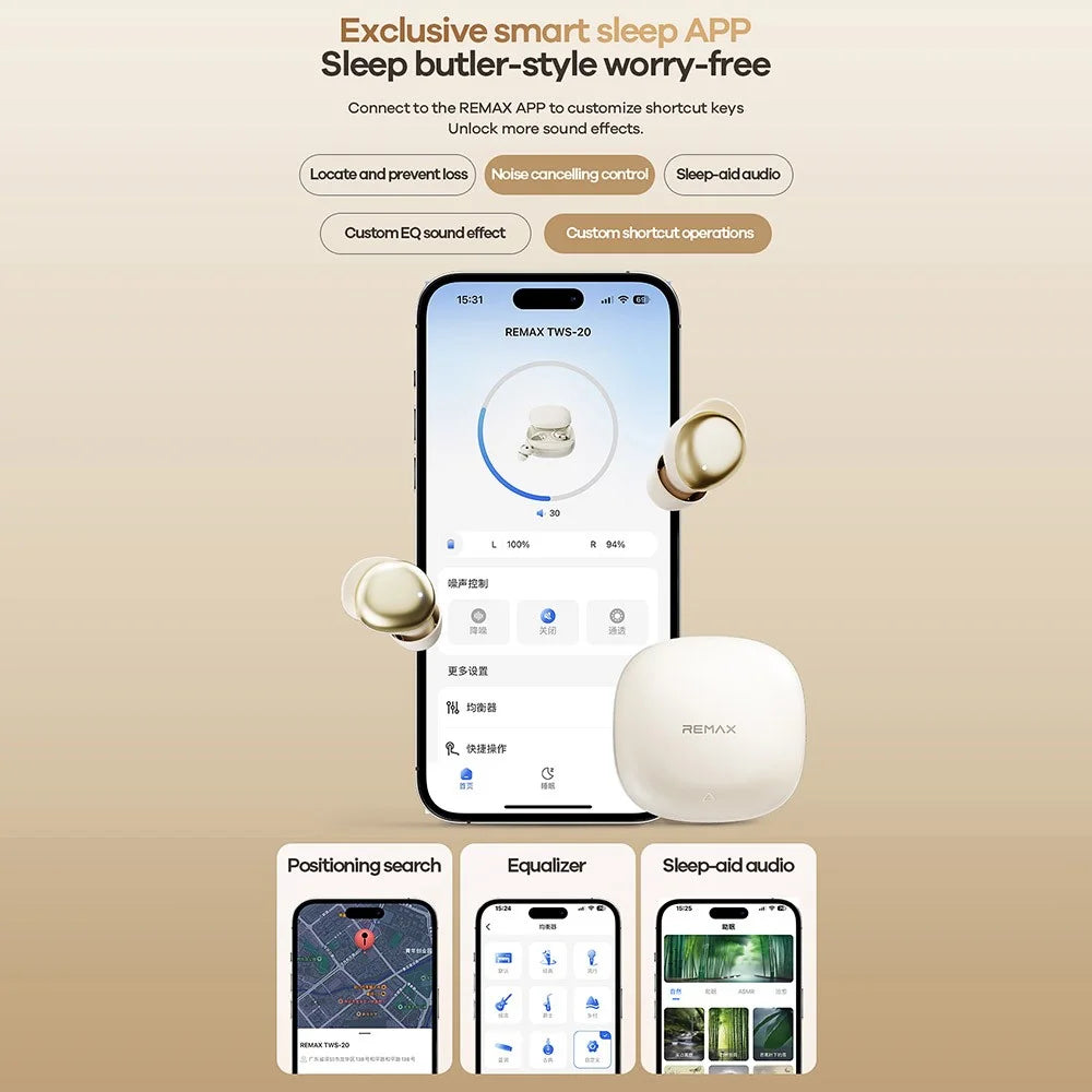 REMAX TWS-20 ANC Noise Cancellation Sleep Bluetooth-compatible Earbuds True Wireless Stereo Music Earbuds - Beige - 5