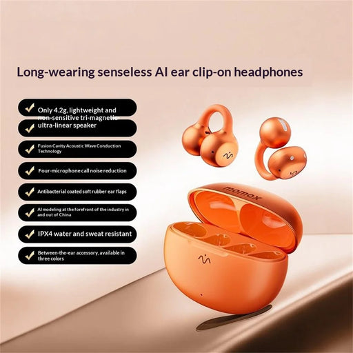 MOMAX BT15 1-Vibe Clip M.IN.D Open-Ear Clip-On Earbuds AI Noise Cancelling IPX4 Wireless Earphones for Sports Office - Orange - 2
