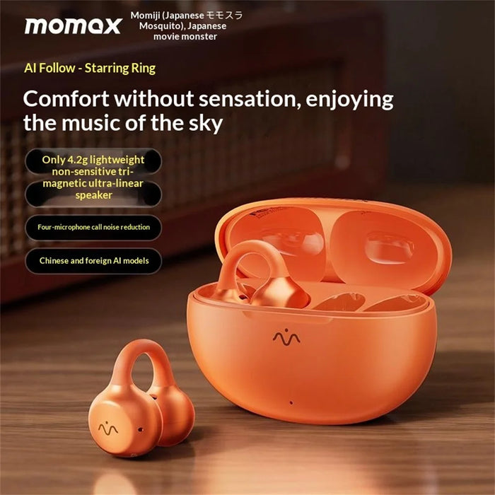 MOMAX BT15 1-Vibe Clip M.IN.D Open-Ear Clip-On Earbuds AI Noise Cancelling IPX4 Wireless Earphones for Sports Office - Orange - 3