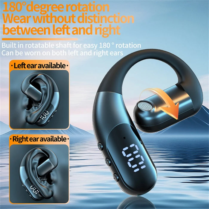 Single Ear Bluetooth-compatible 6.0 Ear Hook Headphones LED Display 180 Degree Rotating Open Ear Earbud for Sports Running - Blue - 6