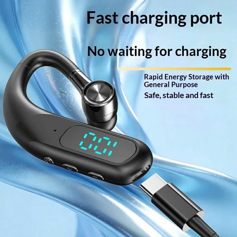 Single Ear Bluetooth-compatible 6.0 Ear Hook Earphone LED Display Noise Cancelling Wireless Business Sports Headphone - Black - 7