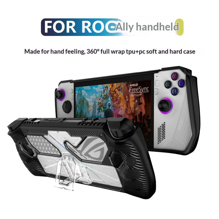 For Asus ROG Ally (2023) Protective Case Shockproof Handheld Gaming Console PC+TPU Cover with Stand - Black + Clear - 2
