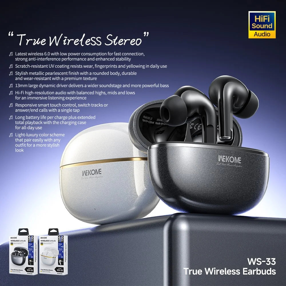 WEKOME WS-33 Wireless Bluetooth-compatible Earbuds 13mm Drivers Hi-Fi Audio Touch Control In-Ear Earphones for Music - Black - 2