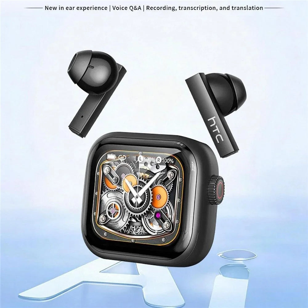 HTC NE40 134 Languages AI Translation Earbuds Noise Cancellation Bluetooth-compatible 6.0 Earbuds with 2.0 Inch HD Screen Charging Case - Black - 2