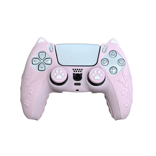 For Sony PlayStation 5 Silicone Case Cat Ears Design Controller Cover with Thumb Stick Caps - Pink - 1