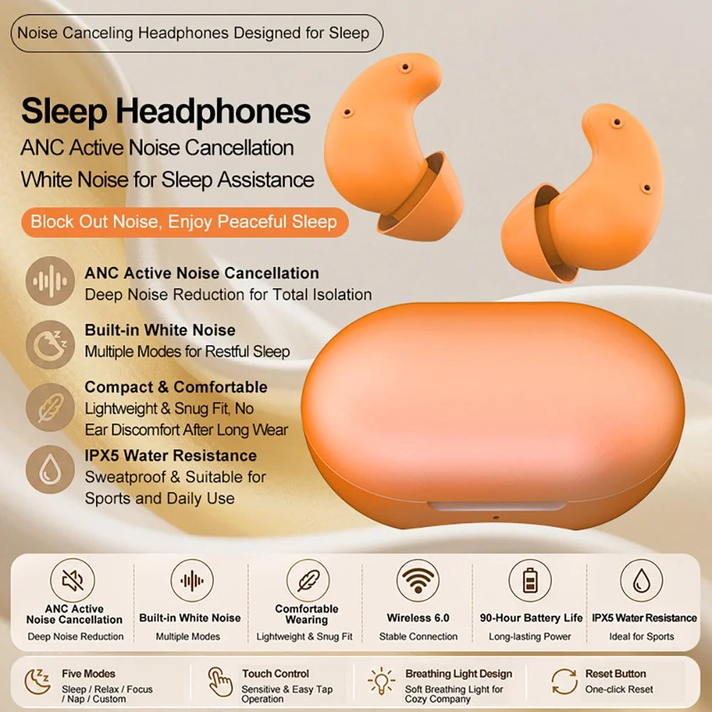 S1 White Noise Sleeping Earbuds IPX5 Waterproof ANC Noise Cancelling Bluetooth-compatible Earbuds - Orange - 2