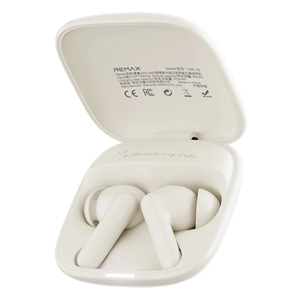 REMAX TWS-26 ANC ENC Noise Cancelling Wireless Earbuds 50H Battery 4-Mic Dual Device Connection Music Call Headset - Ivory White - 1