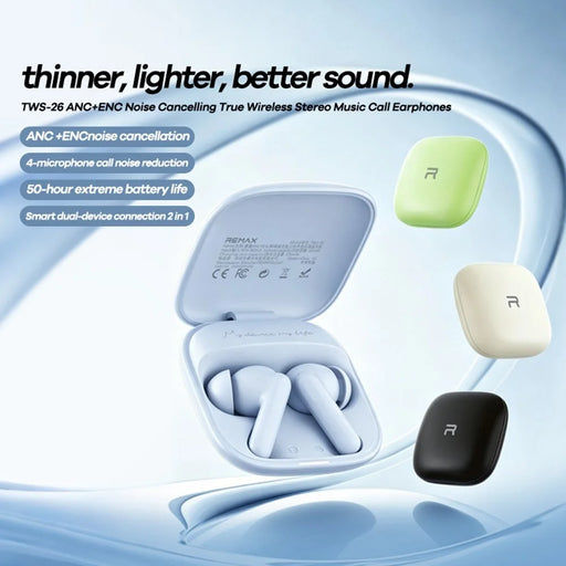REMAX TWS-26 ANC ENC Noise Cancelling Wireless Earbuds 50H Battery 4-Mic Dual Device Connection Music Call Headset - Ivory White - 2