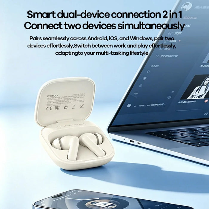 REMAX TWS-26 ANC ENC Noise Cancelling Wireless Earbuds 50H Battery 4-Mic Dual Device Connection Music Call Headset - Ivory White - 6