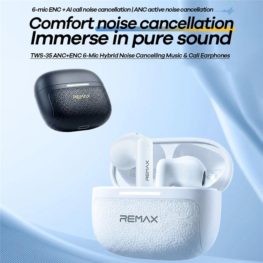 REMAX TWS-35 Bluetooth-compatible Semi-In-Ear Earbuds ANC ENC 6-Mic Hybrid Noise Cancelling Wireless Earphones for Call Music - Black - 2